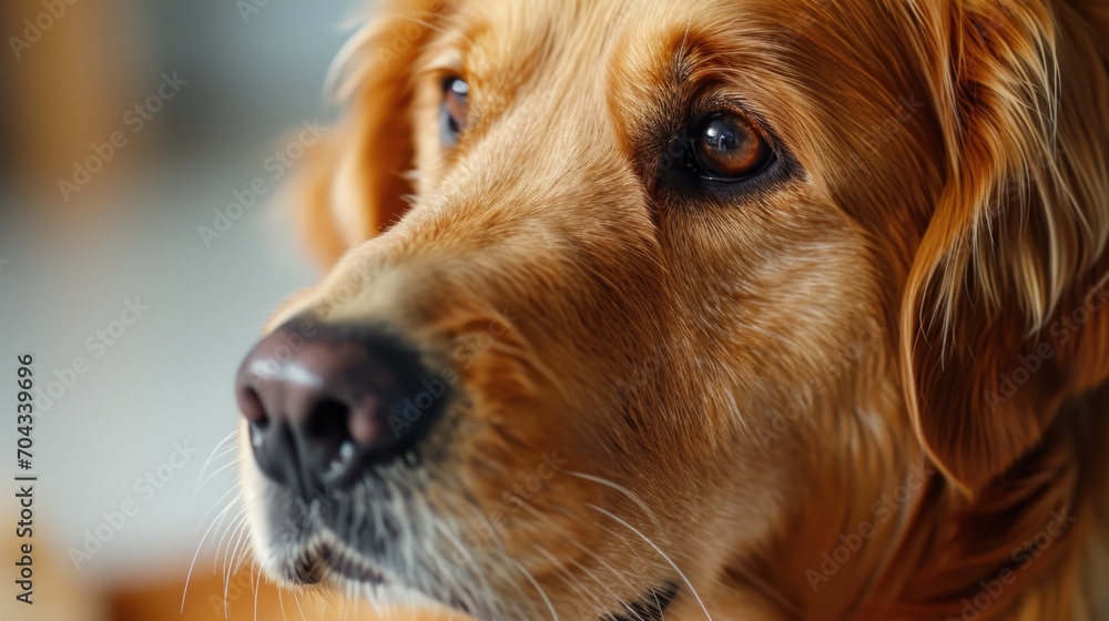 Poster A close-up view of a dog's face with a blurred background. Can be used for various projects and designs