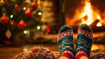 Christmas holidays at home, feet in woolen socks on the background of the fireplace. Created with Generative Ai technology.