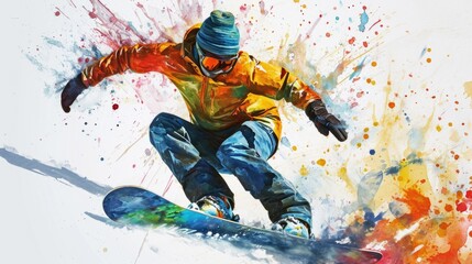 A man riding a snowboard down a snow covered slope. Perfect for winter sports or outdoor adventure themes