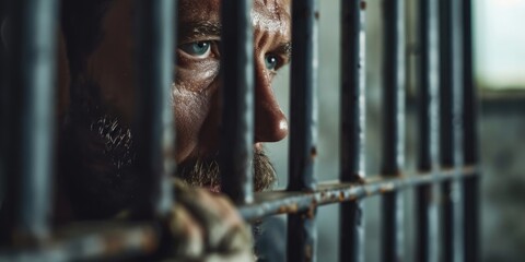 A man is seen looking out of a jail cell. This image can be used to depict concepts such as imprisonment, confinement, isolation, or the criminal justice system
