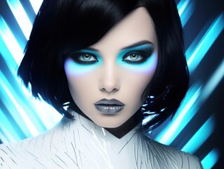 modern Snow White with shiny blue-black hair, Beautiful woman in futuristic costume over blue neon light background.