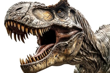 A detailed close-up of a dinosaur with its mouth wide open. This image can be used to depict the ferocity and power of prehistoric creatures - obrazy, fototapety, plakaty