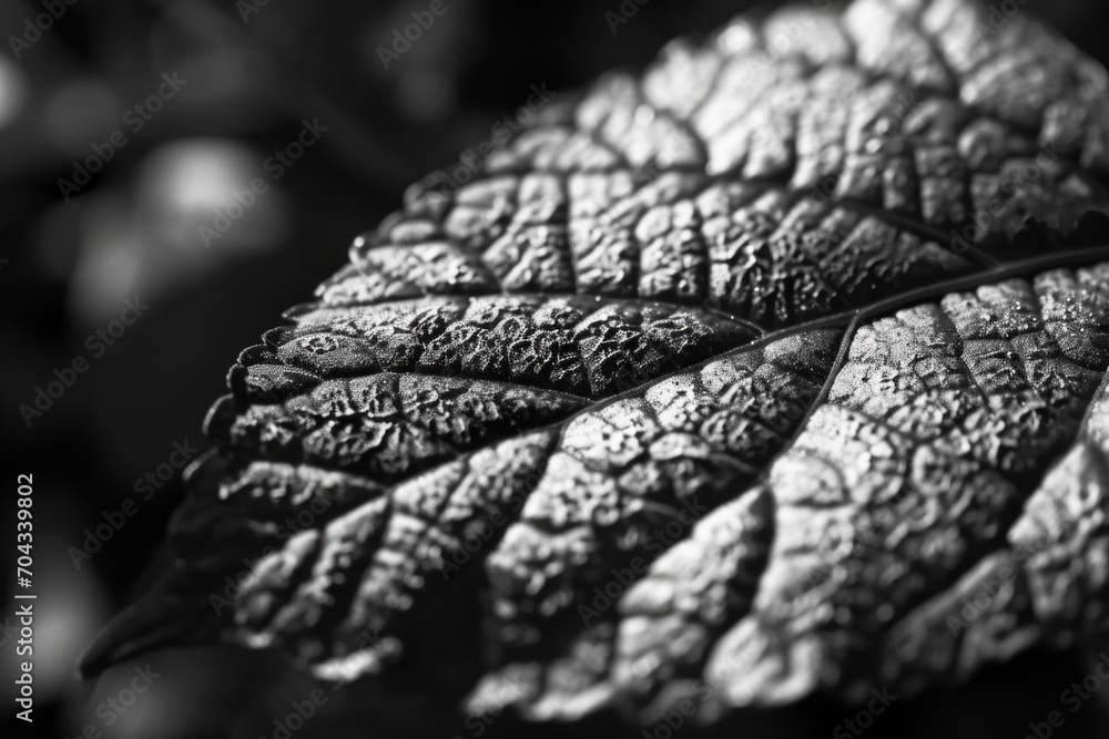 Poster a close-up black and white photo of a single leaf. suitable for various artistic and nature-themed p