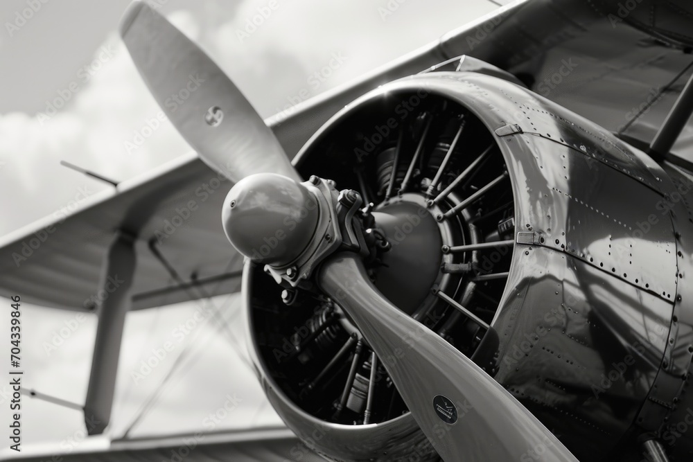 Poster A detailed close-up view of a propeller on a plane. This image can be used to showcase the intricate design and mechanics of an aircraft.