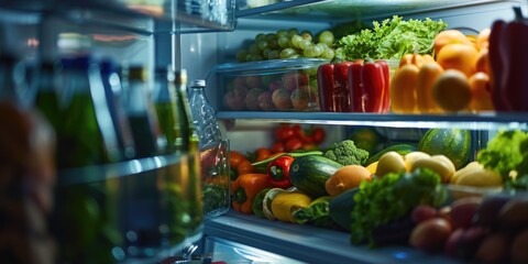 Fresh and colorful fruits and vegetables neatly arranged in a refrigerator. Ideal for illustrating healthy eating, meal planning, and grocery shopping concepts
