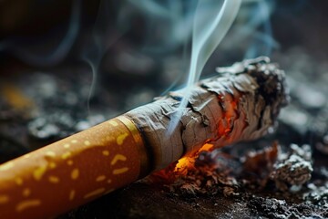 A close-up view of a cigarette with smoke billowing out. Perfect for illustrating smoking addiction or the harmful effects of smoking