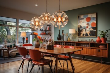 Mid Century Modern Dining Room With Sputnik Chandelier