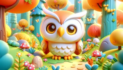 Cartoon owl in a colorful forest setting