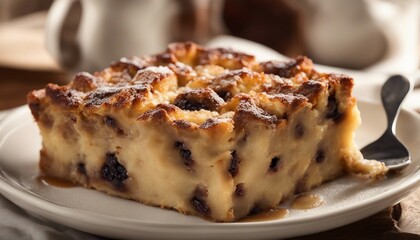 Bread pudding with raisins on a plate