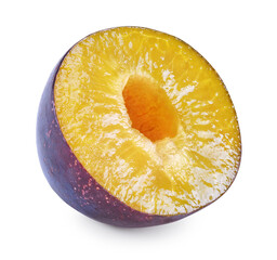 half of fresh plum fruit isolated on white background. clipping path