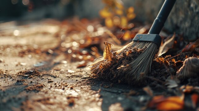 A broom is laying on the ground next to a pile of leaves. Perfect for autumn or yard maintenance themes