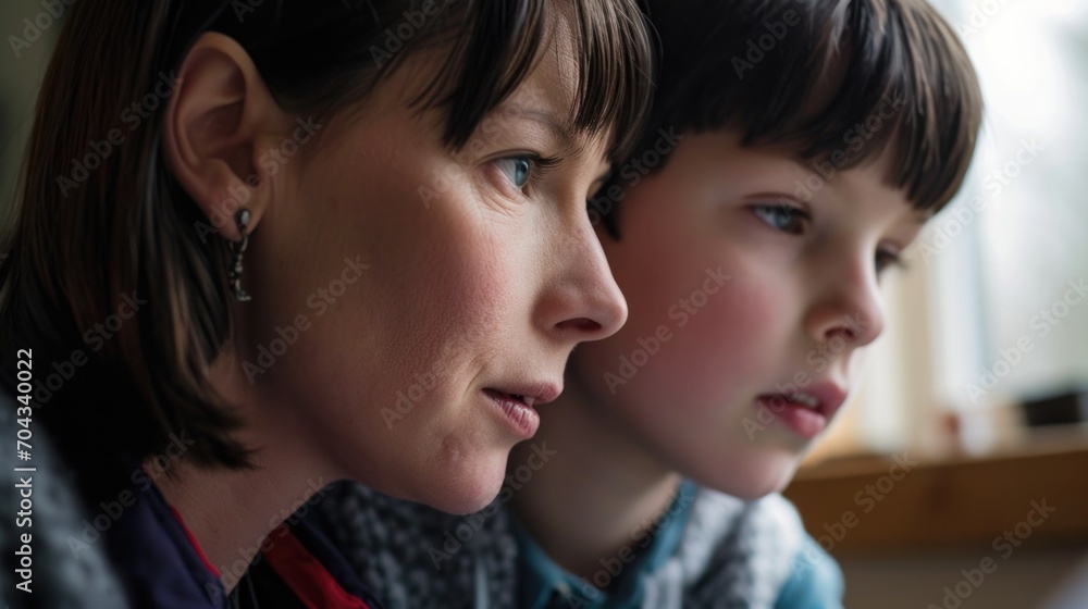 Poster a woman and a young boy are seen looking at a cell phone. this image can be used to illustrate techn