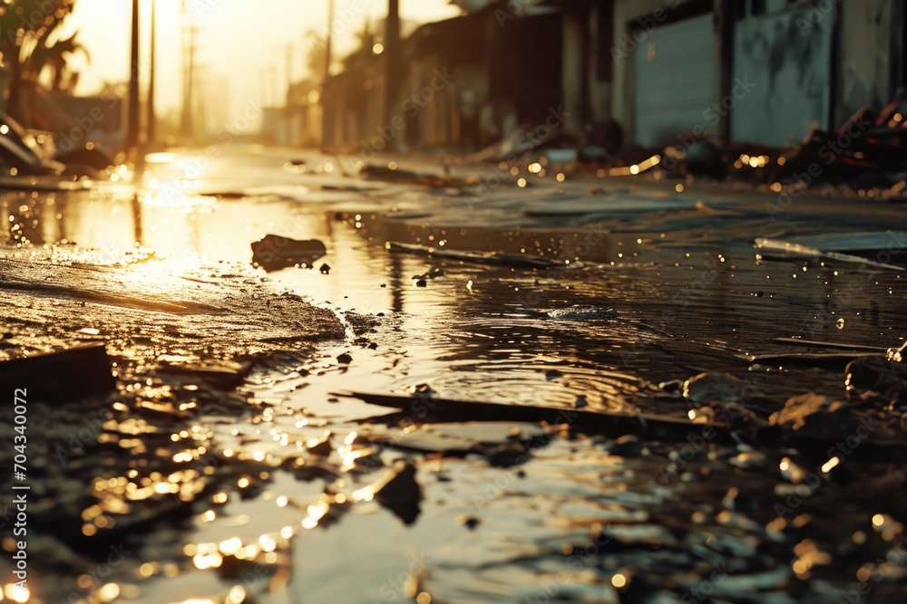 Poster a small puddle of water sitting on the side of a road. suitable for various applications