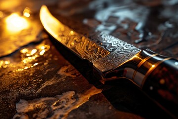 A close-up view of a knife resting on a table. Ideal for illustrating themes of cooking, food preparation, or culinary arts