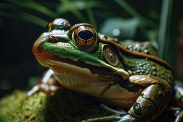 Fototapeta premium A close-up view of a frog perched on a plant. This image can be used to depict wildlife, nature, or the beauty of the outdoors