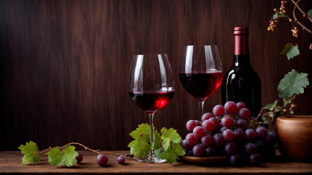 photo of red grapes and a bottle of wine and two glasses on a wooden table, generated by AI
