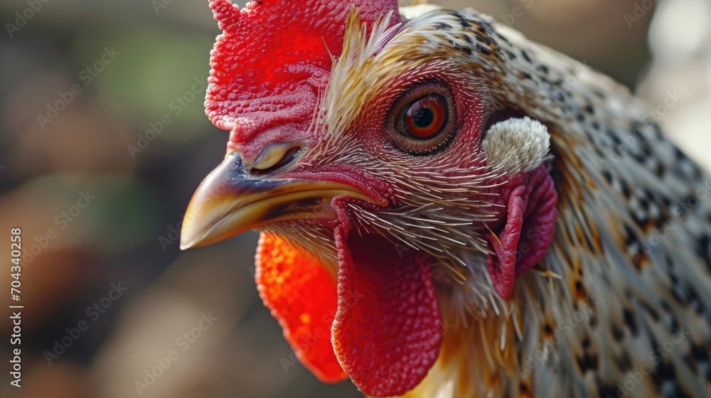 Poster a detailed view of a rooster's head featuring its vibrant red comb. this image can be used to depict