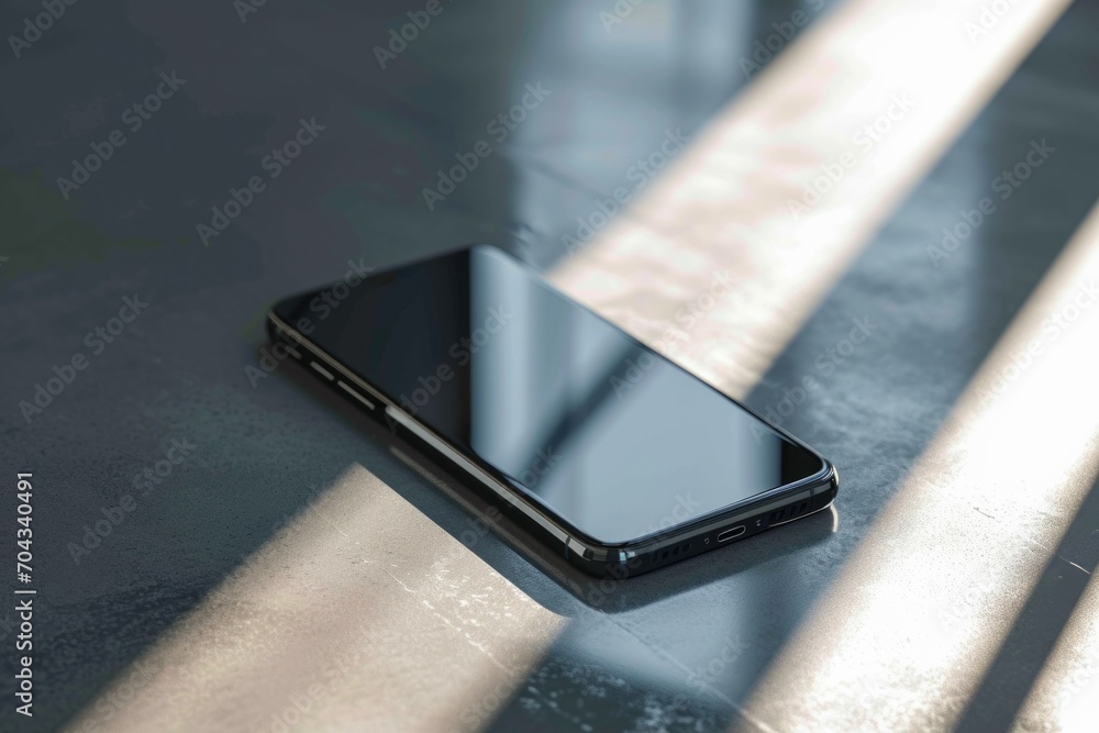 Poster A cell phone placed on top of a table. Suitable for technology or communication concepts