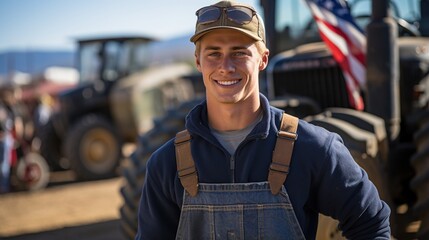 Young male farmer standing in front of tractors - obrazy, fototapety, plakaty