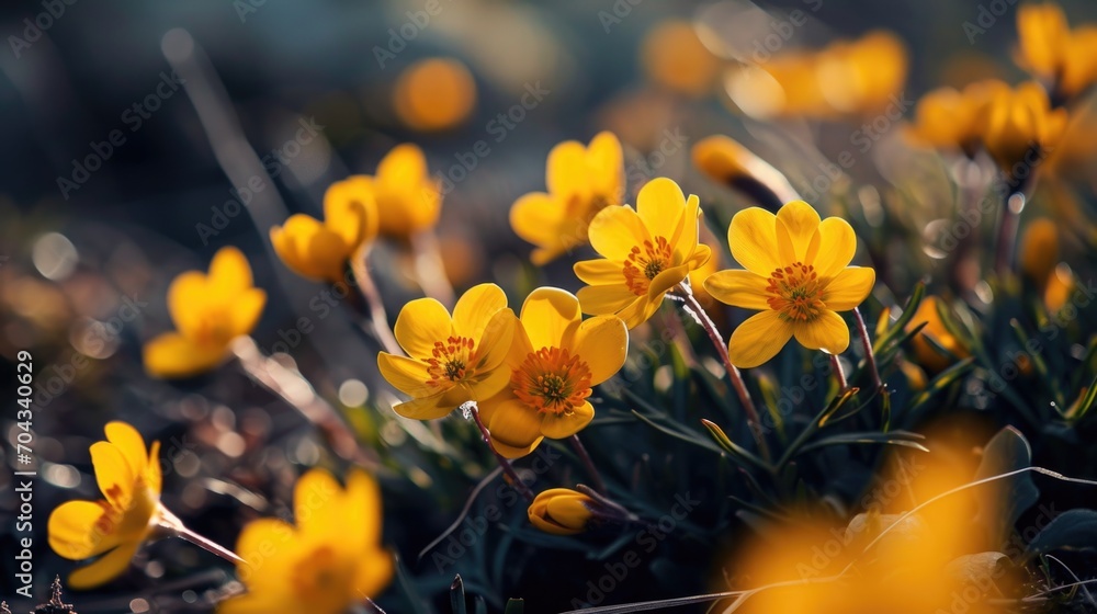 Poster Yellow flowers scattered in the grass. Perfect for adding a touch of nature to any project