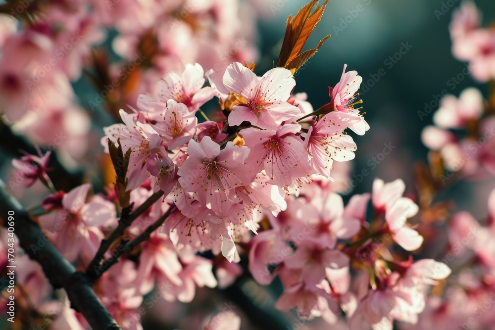 Poster close up view of a bunch of flowers growing on a tree. perfect for nature enthusiasts and garden lov
