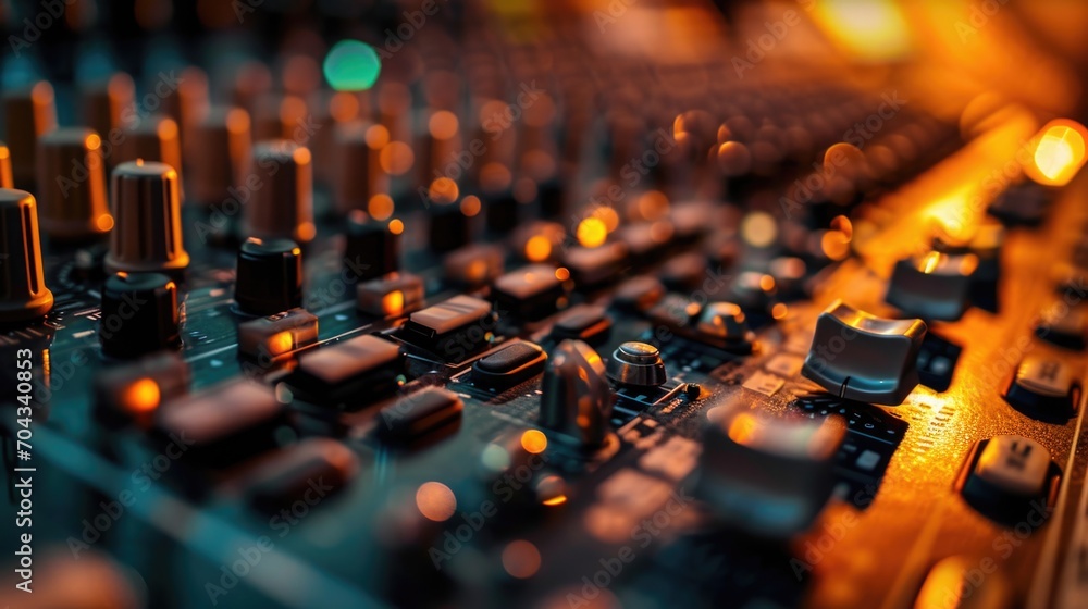 Poster Close-up view of a sound board in a recording studio. Perfect for capturing the intricate details of audio production. Ideal for music industry websites, blogs, and articles