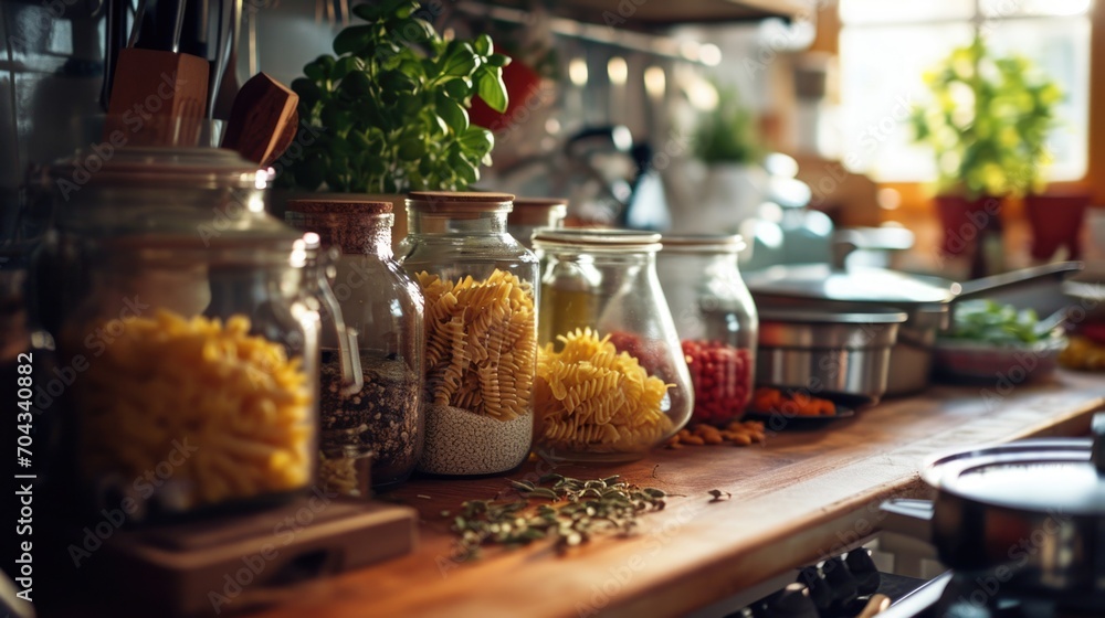 Poster a wooden counter featuring a collection of jars filled with various types of food. perfect for food 