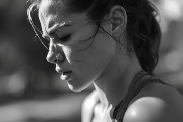 Obraz premium A black and white photo of a woman with her eyes closed. This photo captures a serene and introspective moment. Perfect for meditation or relaxation-themed projects