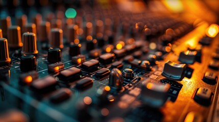 Close-up view of a sound board in a recording studio. Perfect for capturing the intricate details of audio production. Ideal for music industry websites, blogs, and articles - obrazy, fototapety, plakaty