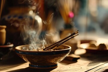 A bowl of delicious food with chopsticks, perfect for Asian cuisine or food-themed designs