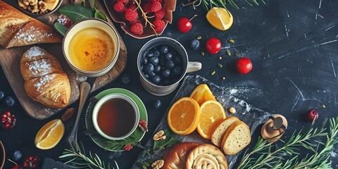 A table adorned with a variety of delicious croissants, juicy oranges, and fresh berries. Perfect for showcasing a delightful breakfast or brunch spread - obrazy, fototapety, plakaty