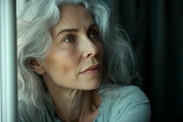 Beautiful mature woman with gray hair looks up with her face close-up