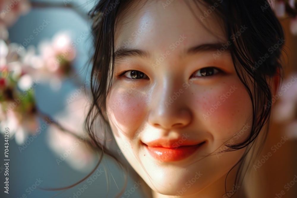 Poster close-up of a woman's face with a cherry tree in the background. perfect for springtime themes and n