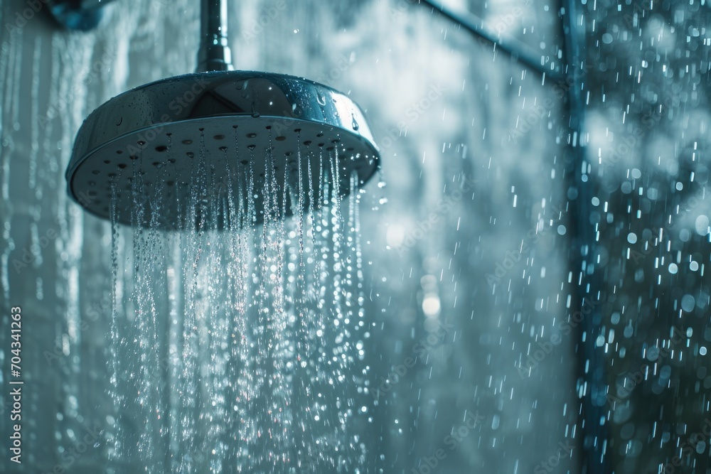Poster a close-up image of a shower head with water running down it. perfect for illustrating concepts rela