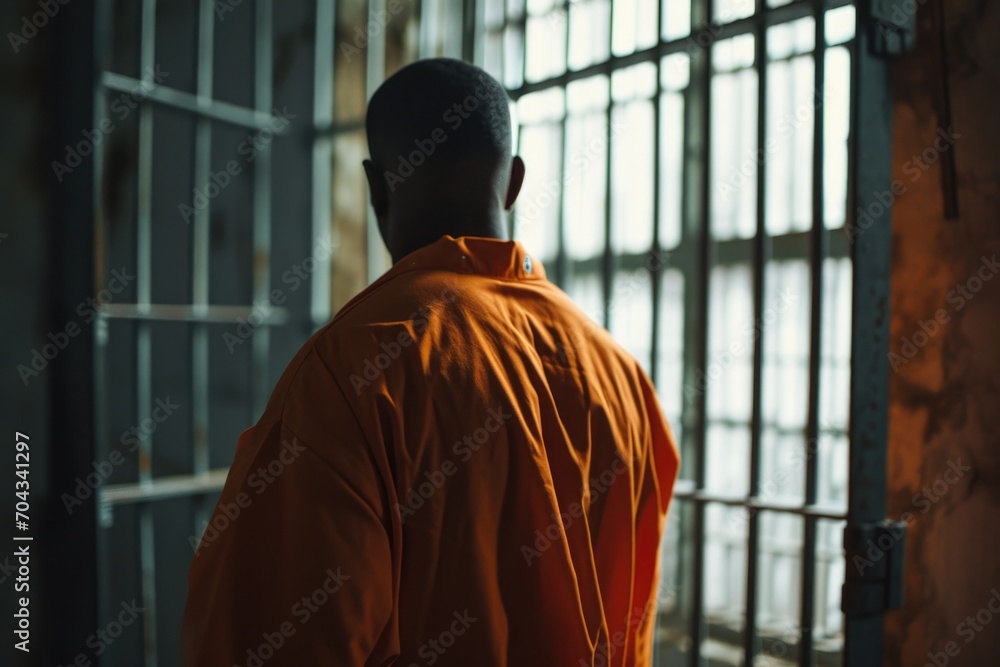 Poster A man wearing an orange shirt stands in front of a window. This versatile image can be used in various contexts