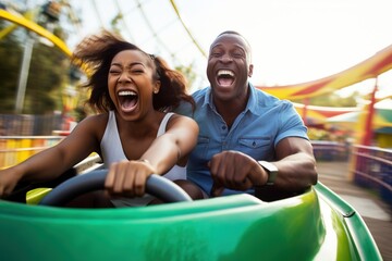 African American couple riding roller coaster - obrazy, fototapety, plakaty