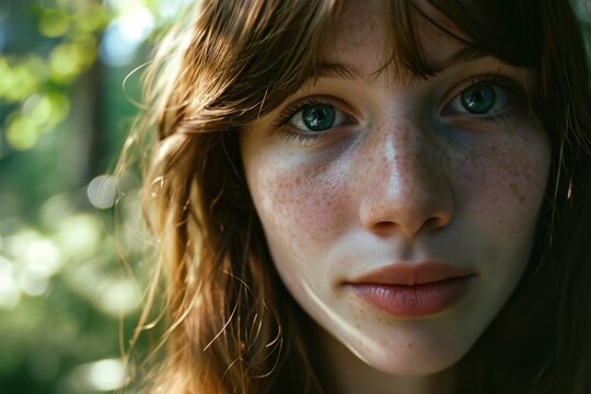 A close up view of a woman's face with beautiful freckles. This image can be used to showcase natural beauty or for skincare and makeup advertisements