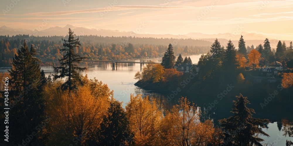 Poster a serene view of a lake with trees and majestic mountains in the background. perfect for nature love