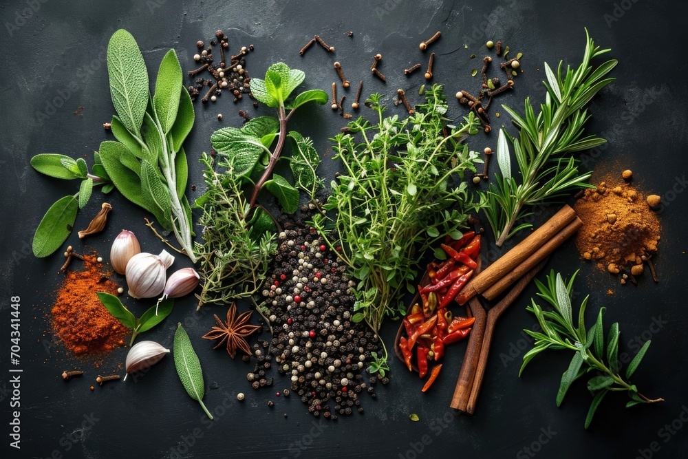 Poster a collection of various spices and herbs placed on a black surface. perfect for culinary and food-re