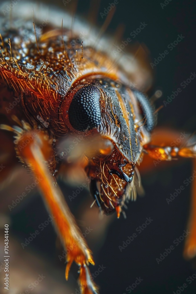 Poster a detailed view of a bug's head with water droplets. this image can be used to showcase the intricat