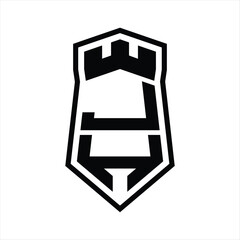 JH Letter Logo monogram hexagon shield shape up and down with crown castle isolated style design