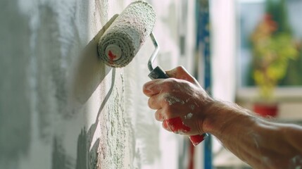 A person using a paint roller to paint a wall. Suitable for home improvement and renovation projects