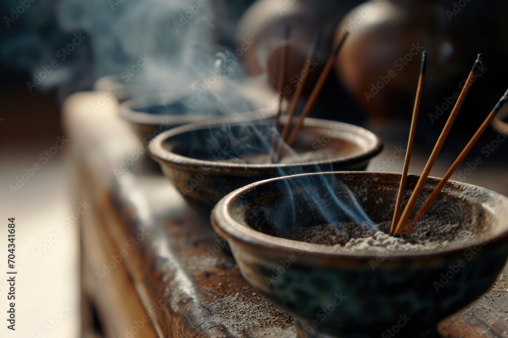 Poster a row of bowls with incense sticks sticking out of them. perfect for creating a peaceful and relaxin