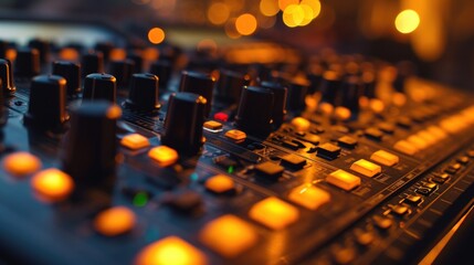 A detailed view of a sound board with vibrant lights in the background. Perfect for music events or concerts
