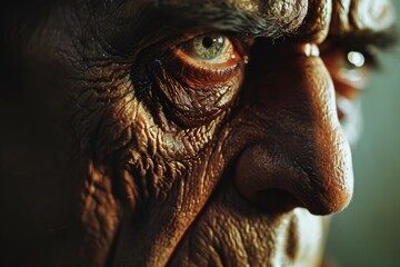 An intimate view of an elderly man's face, capturing the details and character lines. Suitable for portraits, aging, and retirement themes
