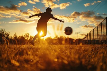 A person is seen kicking a soccer ball in a field. This image can be used for sports-related designs and promotional materials