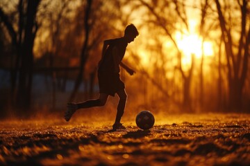 A person kicking a soccer ball on a field. Suitable for sports or recreational themes - obrazy, fototapety, plakaty