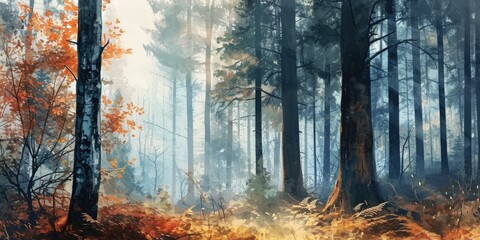 A painting of a forest with tall trees. Ideal for nature enthusiasts and those seeking a peaceful...