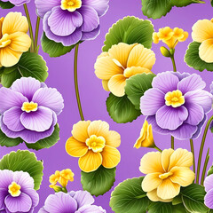 Seamless pattern of purple and yellow primula spring flowers on lilac background. First spring flowers bloom, gardening, nature revival and rebirth concept. Early spring, floral postcard, wallpaper