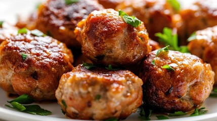 Delicious meatballs covered in a flavorful sauce, served on a white plate. Perfect for recipes, food blogs, and restaurant menus